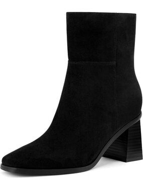 Women's Black Suede Ankle Boots Square Toe Block Low Heel Short Dress Booties